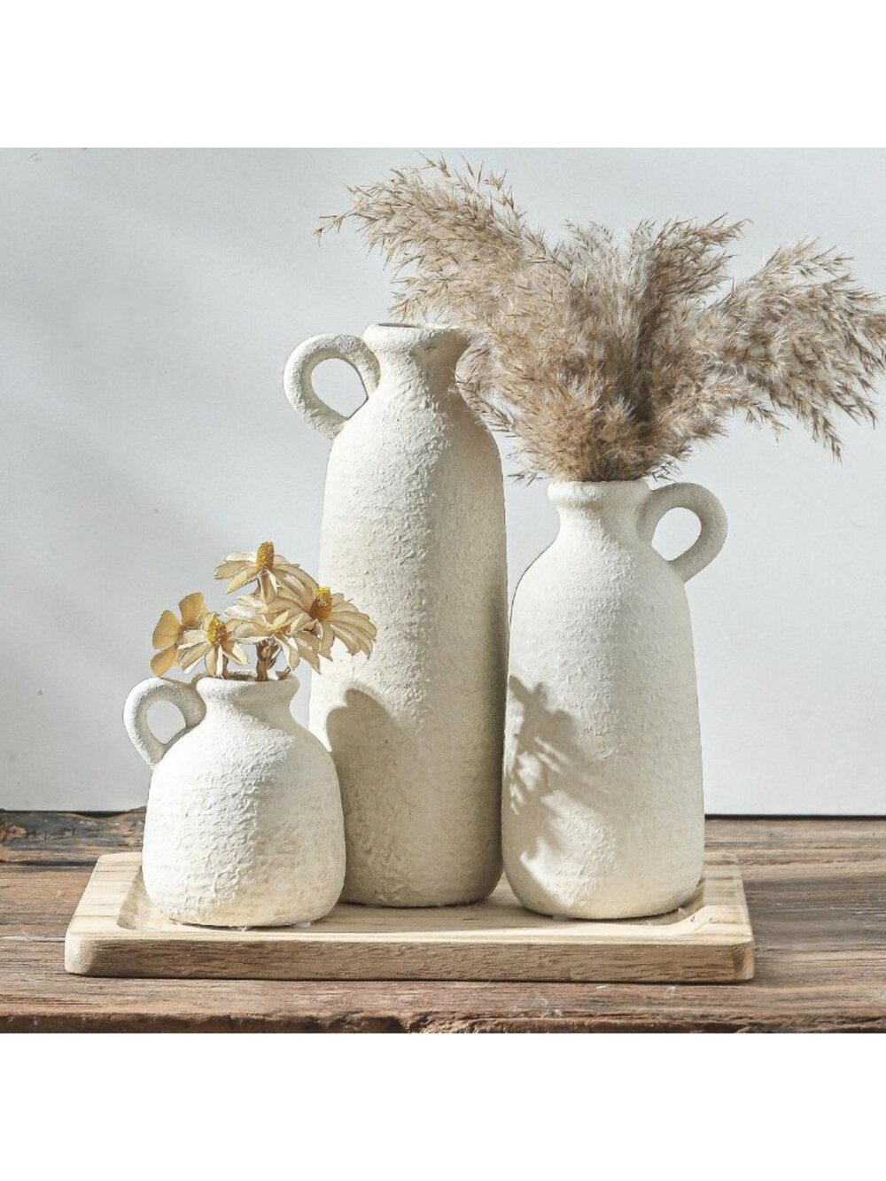 Set of 3 Rustic Ceramic Vases with Handle - Neutral Whitewashed Home Decor for